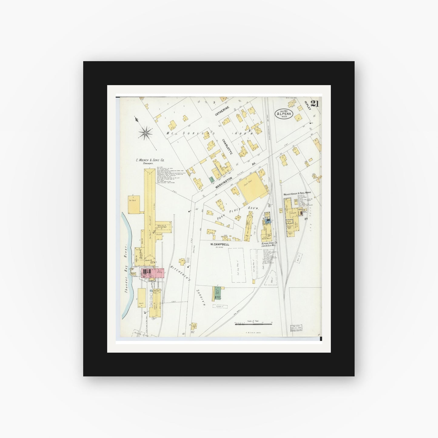 Old map wall art mockup — black gallery frame with white mat — Sanborn Fire Insurance Map from Alpena, Alpena County, Michigan (1901), Sheet #0021