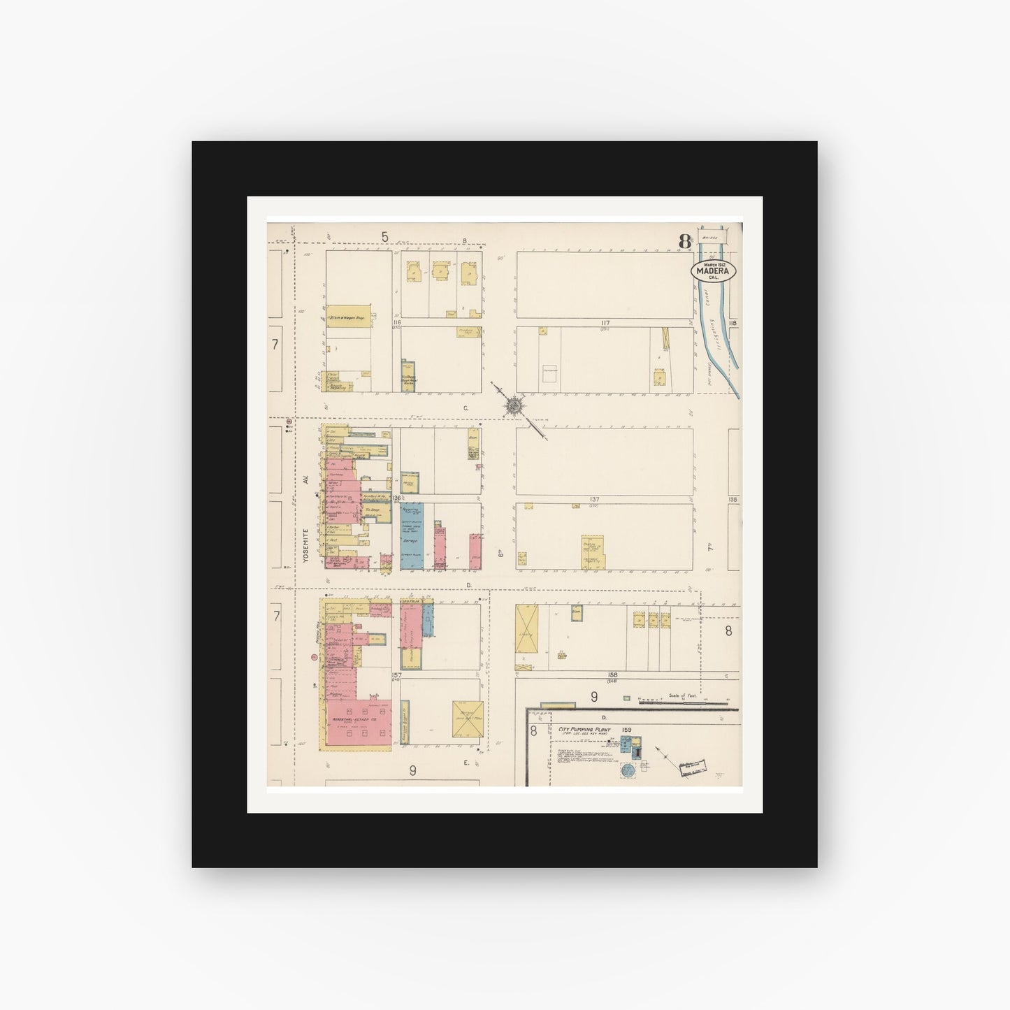 Old map wall art mockup — black gallery frame with white mat — Sanborn Fire Insurance Map from Madera, Madera County, California (1912), Sheet #0008