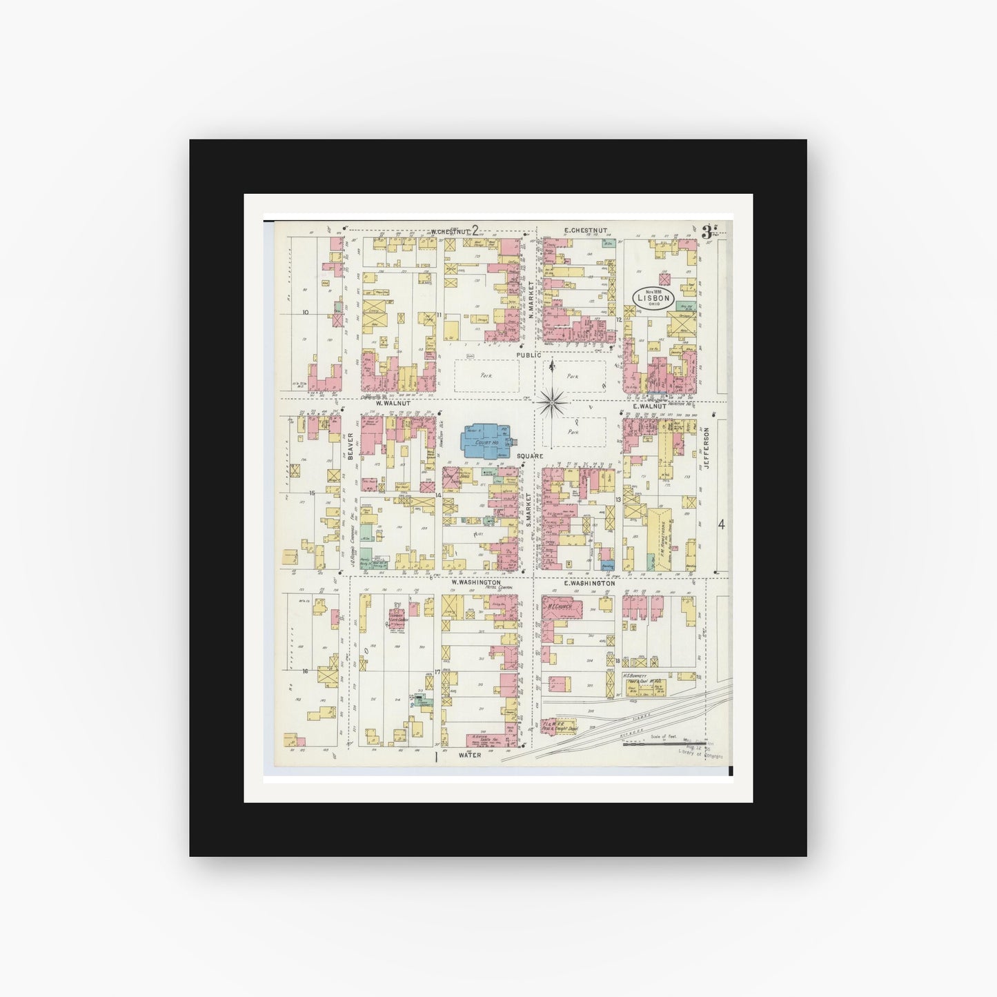 Old map wall art mockup — black gallery frame with white mat — Sanborn Fire Insurance Map from Lisbon, Columbiana County, Ohio (1898), Sheet #0003