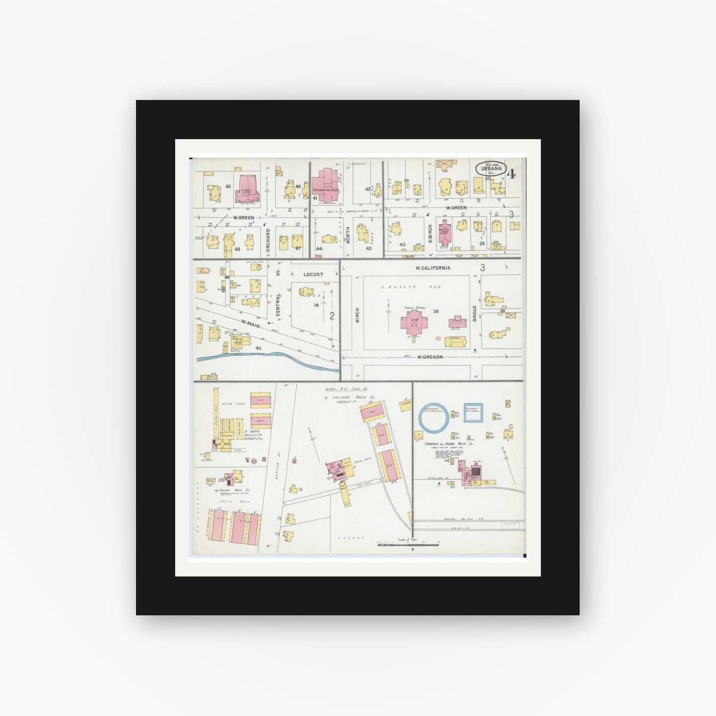 Old map wall art mockup — black gallery frame with white mat — Sanborn Fire Insurance Map from Urbana, Champaign County, Illinois (1902), Sheet #0004
