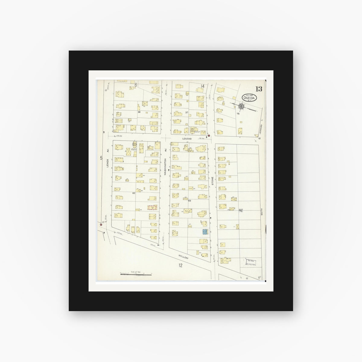 Old map wall art mockup — black gallery frame with white mat — Sanborn Fire Insurance Map from Oneida, Madison County, New York (1914), Sheet #0013