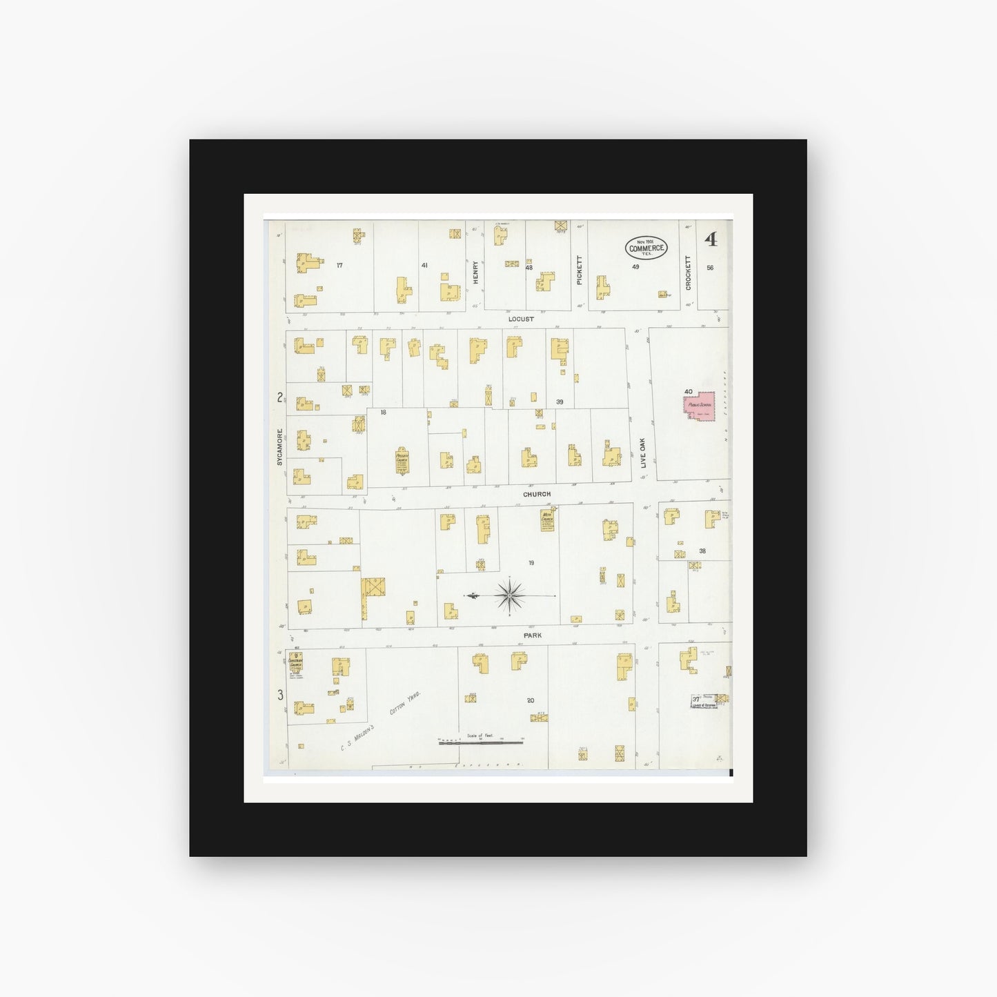 Old map wall art mockup — black gallery frame with white mat — Sanborn Fire Insurance Map from Commerce, Hunt County, Texas (1901), Sheet #0004