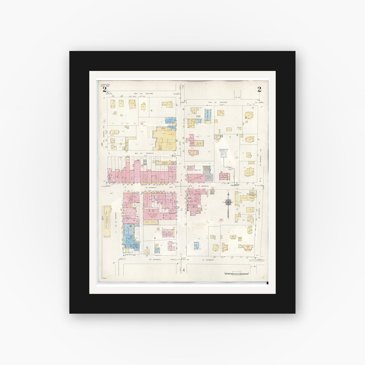 Old map wall art mockup — black gallery frame with white mat — Sanborn Fire Insurance Map from Plano, Collin County, Texas (1961), Sheet #0002