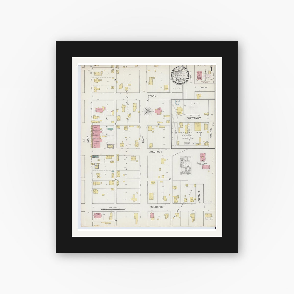 Old map wall art mockup — black gallery frame with white mat — Sanborn Fire Insurance Map from Greenfield, Greene County, Illinois (1893) - Complete Map Set