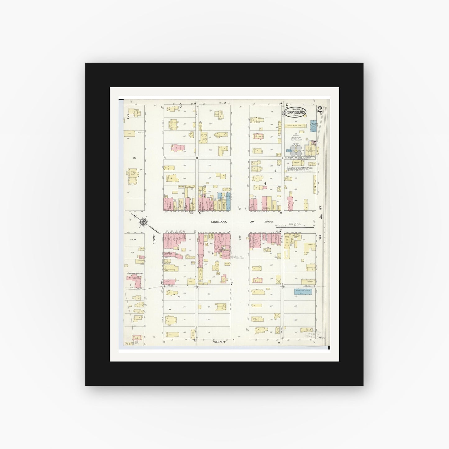 Old map wall art mockup — black gallery frame with white mat — Sanborn Fire Insurance Map from Perrysburg, Wood County, Ohio (1914), Sheet #0002