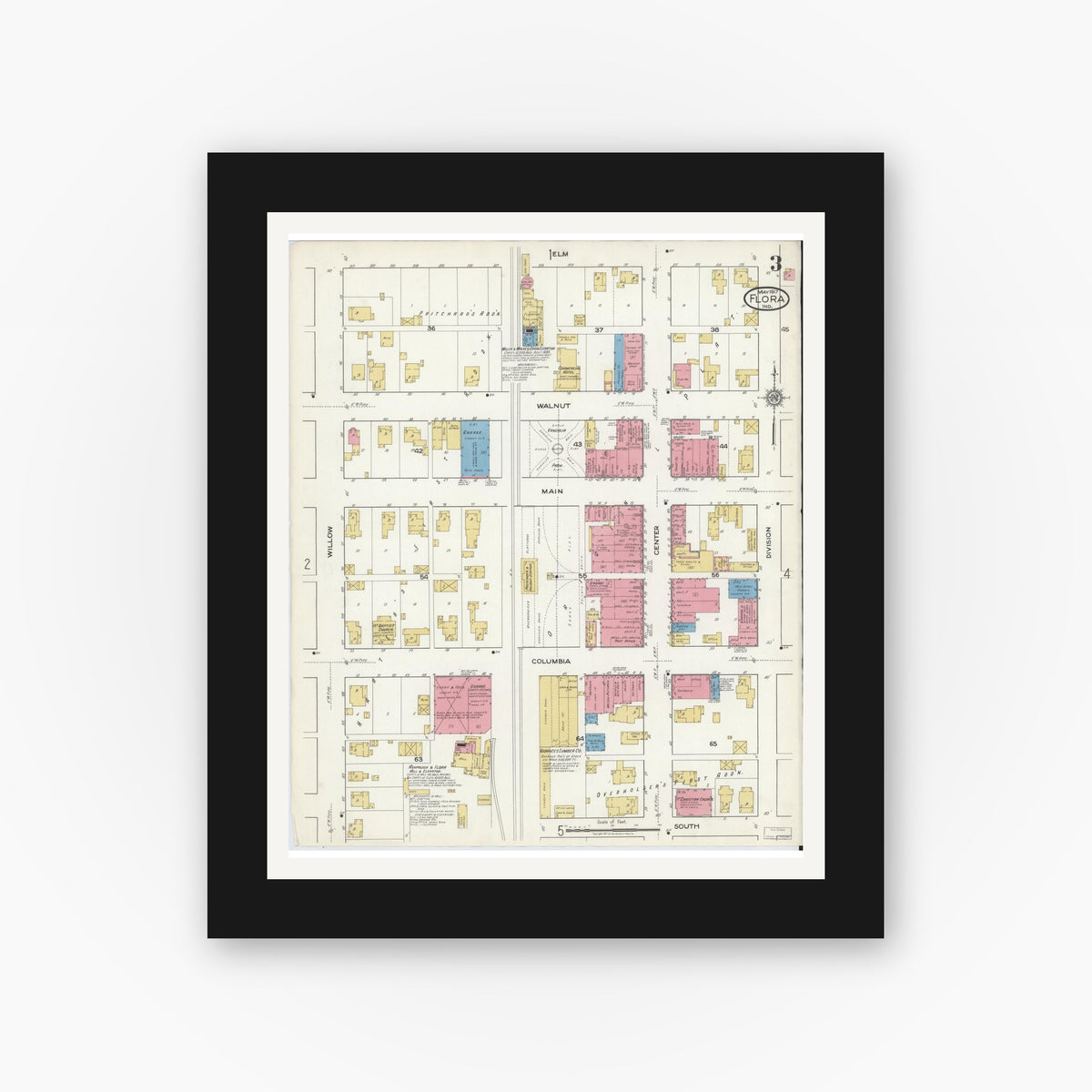 Old map wall art mockup — black gallery frame with white mat — Sanborn Fire Insurance Map from Flora, Carroll County, Indiana (1917), Sheet #0003