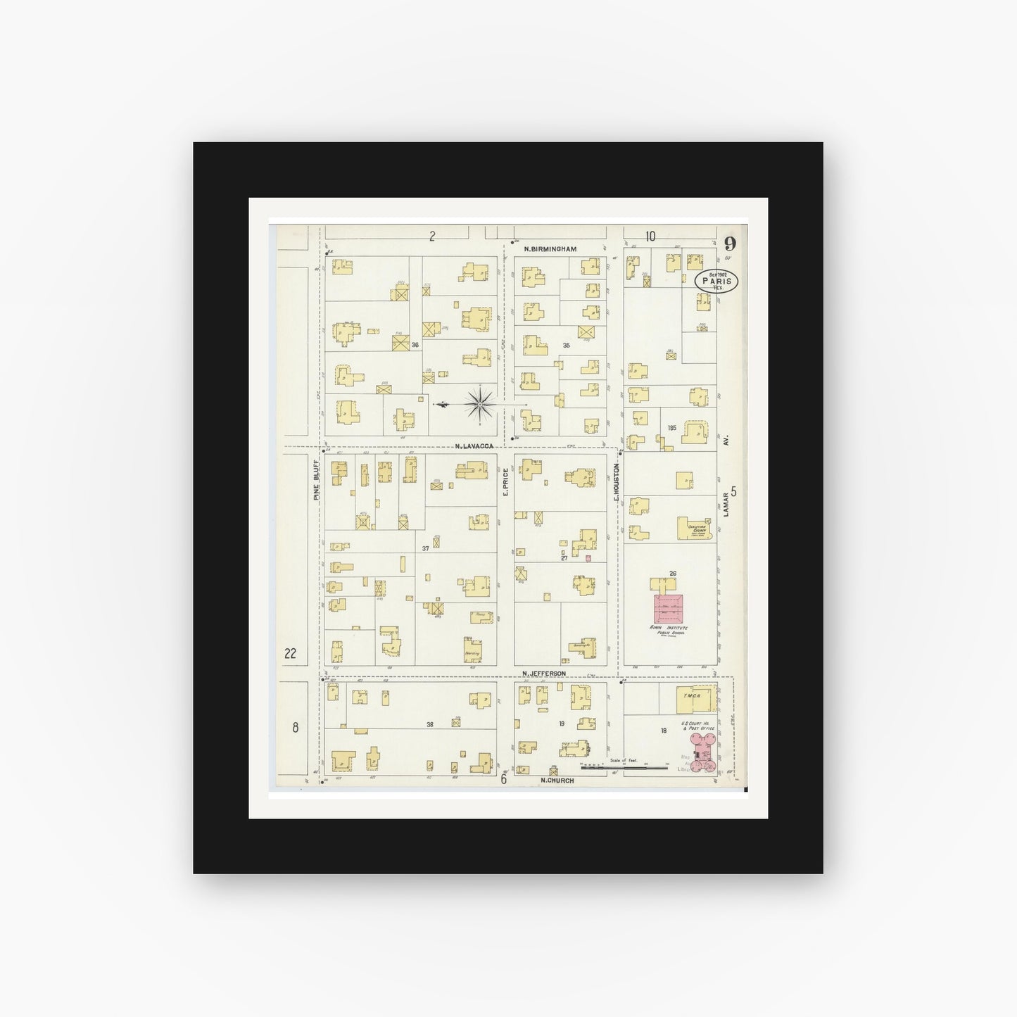 Old map wall art mockup — black gallery frame with white mat — Sanborn Fire Insurance Map from Paris, Lamar County, Texas (1902), Sheet #0009