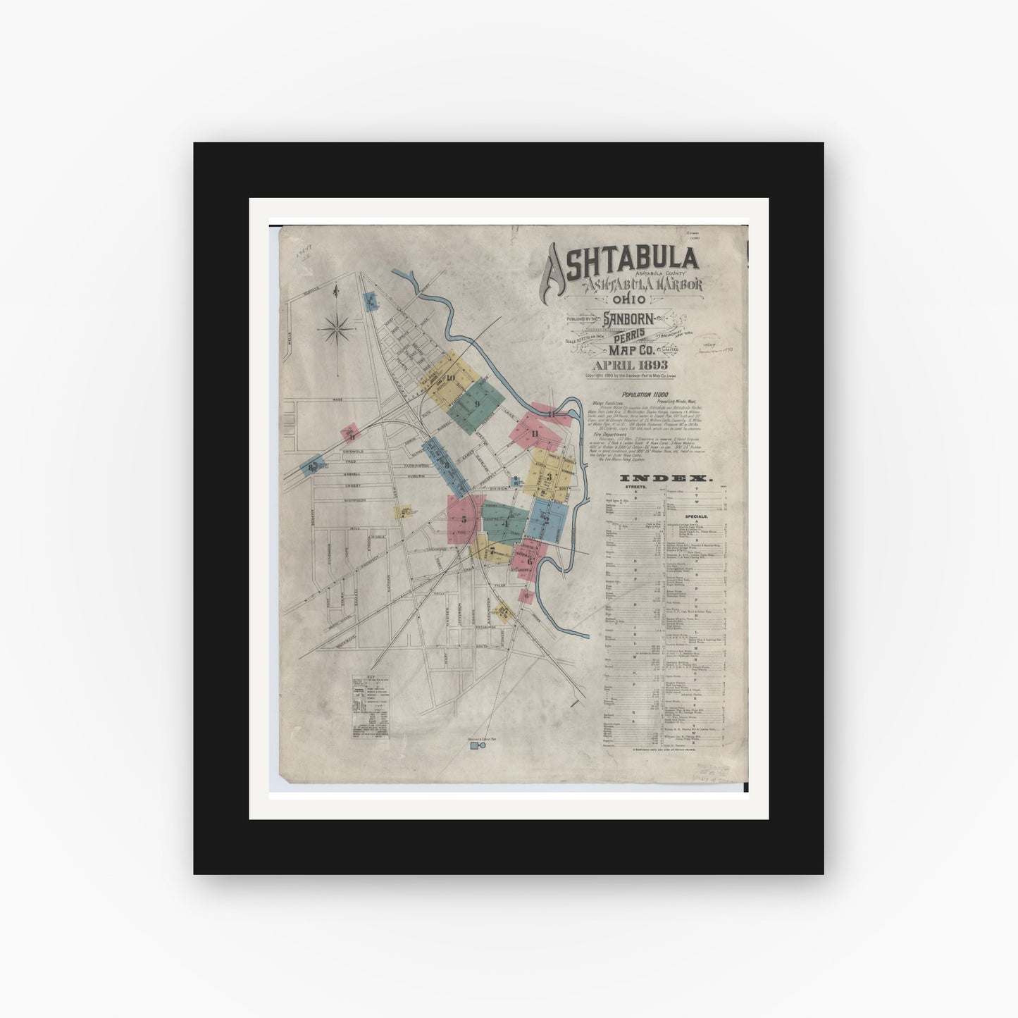 Old map wall art mockup — black gallery frame with white mat — Sanborn Fire Insurance Map from Ashtabula, Ashtabula County, Ohio (1893) - Complete Map Set