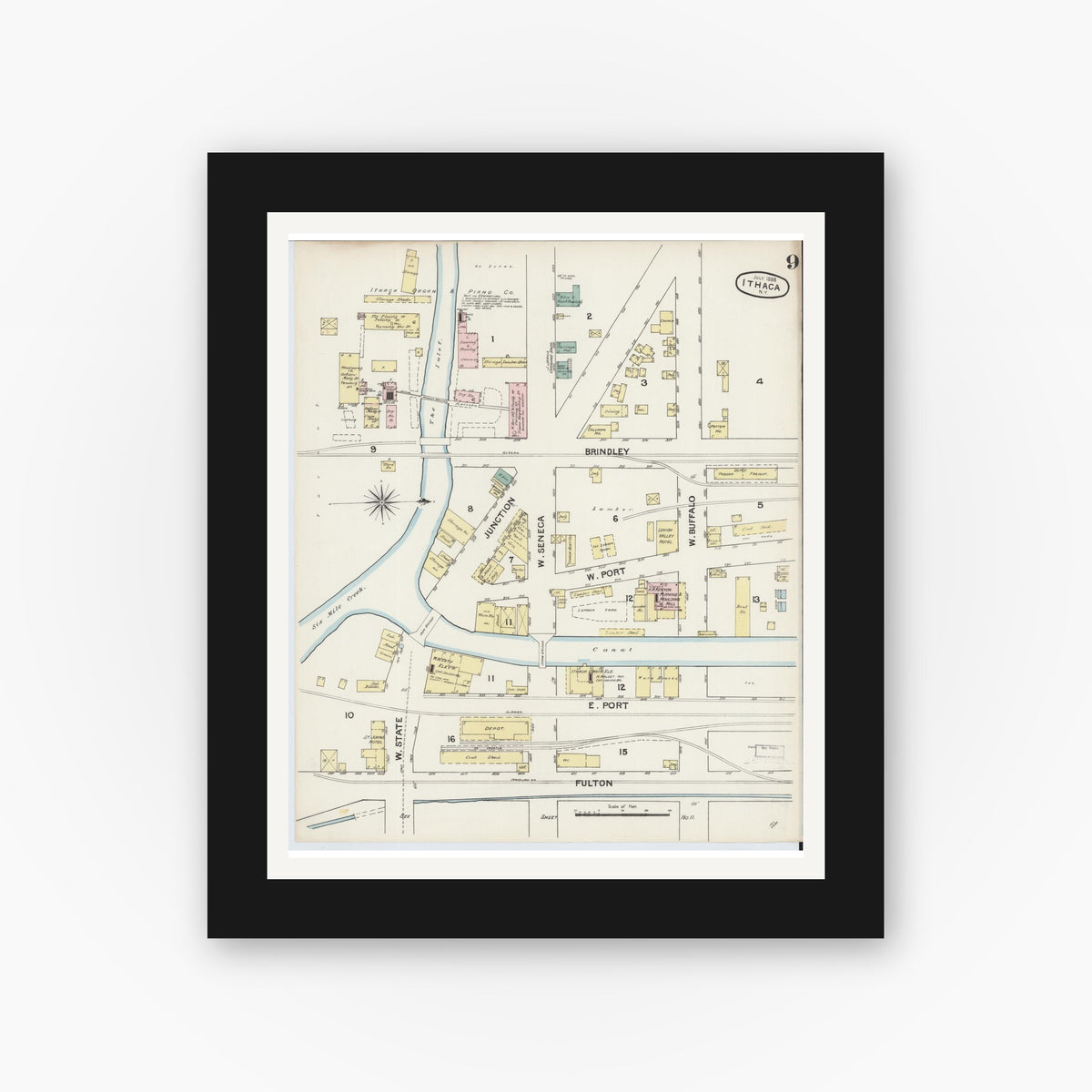 Old map wall art mockup — black gallery frame with white mat — Sanborn Fire Insurance Map from Ithaca, Tompkins County, New York (1888), Sheet #0009