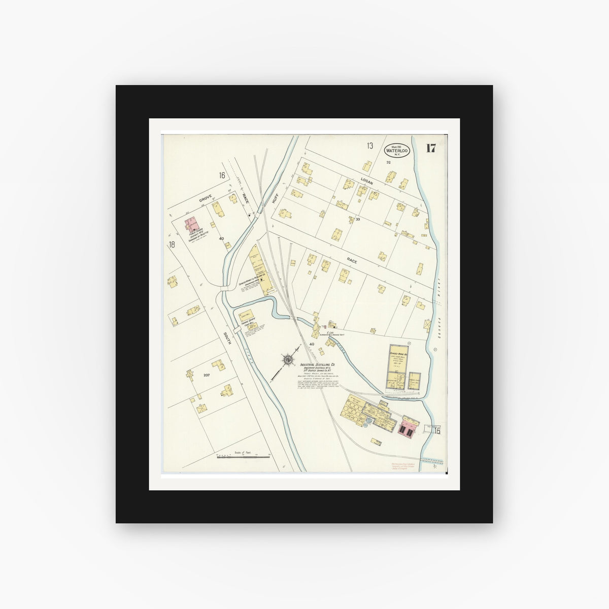 Old map wall art mockup — black gallery frame with white mat — Sanborn Fire Insurance Map from Waterloo, Seneca County, New York (1911), Sheet #0017