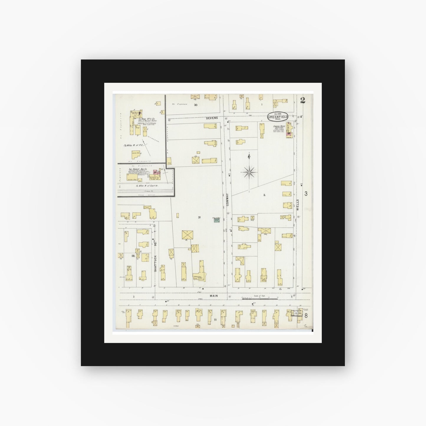 Old map wall art mockup — black gallery frame with white mat — Sanborn Fire Insurance Map from Greenfield, Franklin County, Massachusetts (1896), Sheet #0002