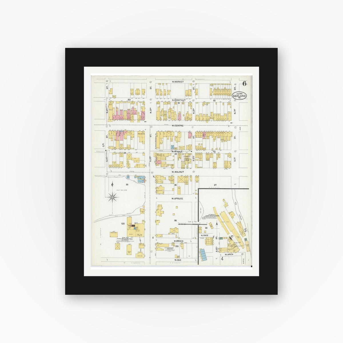 Old map wall art mockup — black gallery frame with white mat — Sanborn Fire Insurance Map from Ashland, Schuylkill County, Pennsylvania (1902), Sheet #0006