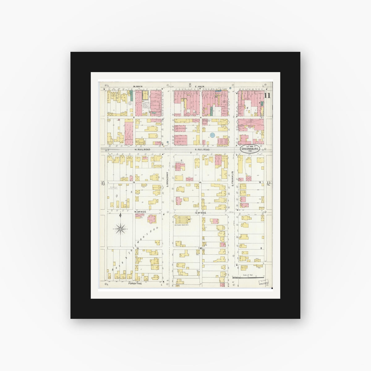 Old map wall art mockup β black gallery frame with white mat β Sanborn Fire Insurance Map from Greensburg, Decatur County, Indiana (1906), Sheet #0011