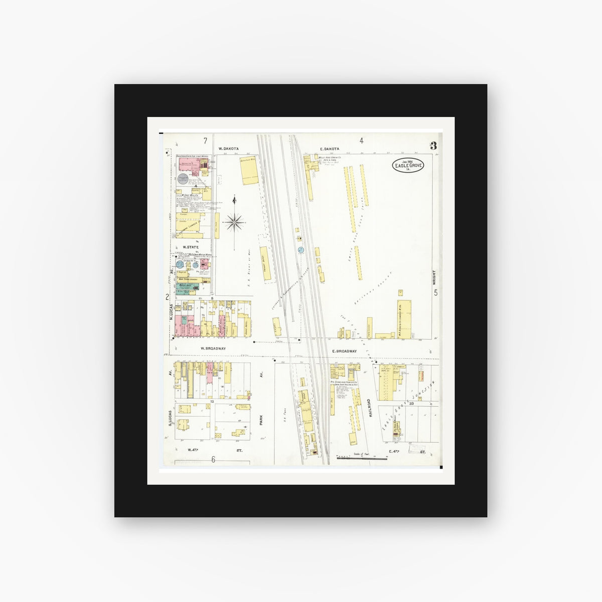 Old map wall art mockup — black gallery frame with white mat — Sanborn Fire Insurance Map from Eagle Grove, Wright County, Iowa (1906), Sheet #0003