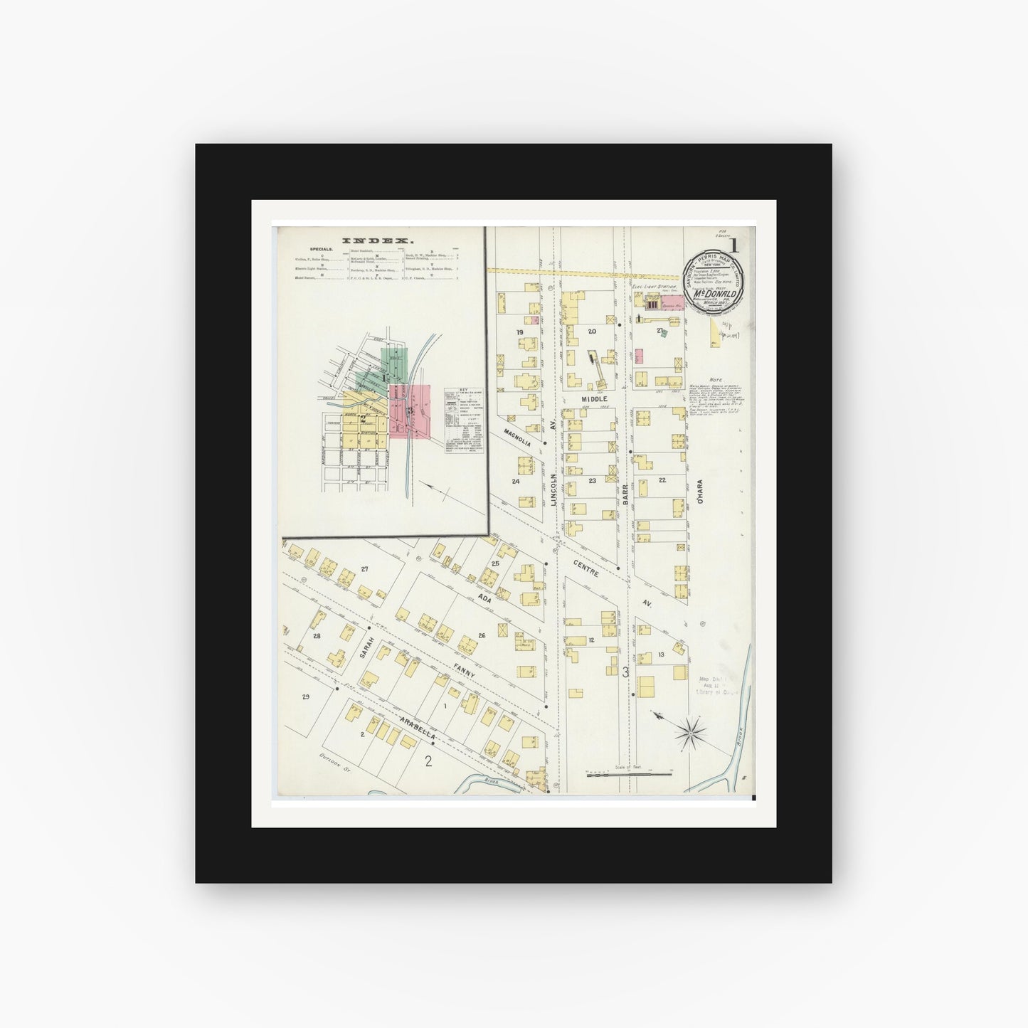 Old map wall art mockup — black gallery frame with white mat — Sanborn Fire Insurance Map from McDonald, Washington County, Pennsylvania (1897), Sheet #0001