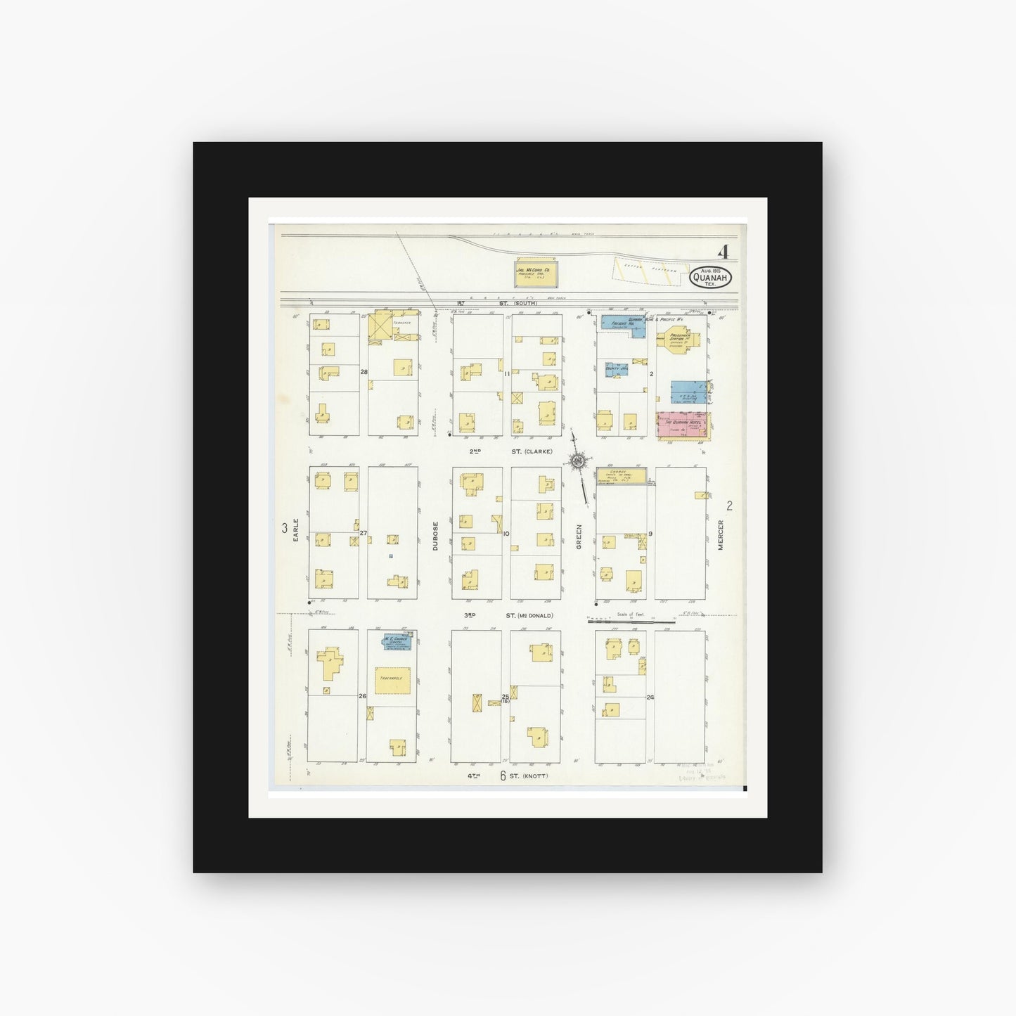 Old map wall art mockup — black gallery frame with white mat — Sanborn Fire Insurance Map from Quanah, Hardeman County, Texas (1915), Sheet #0004