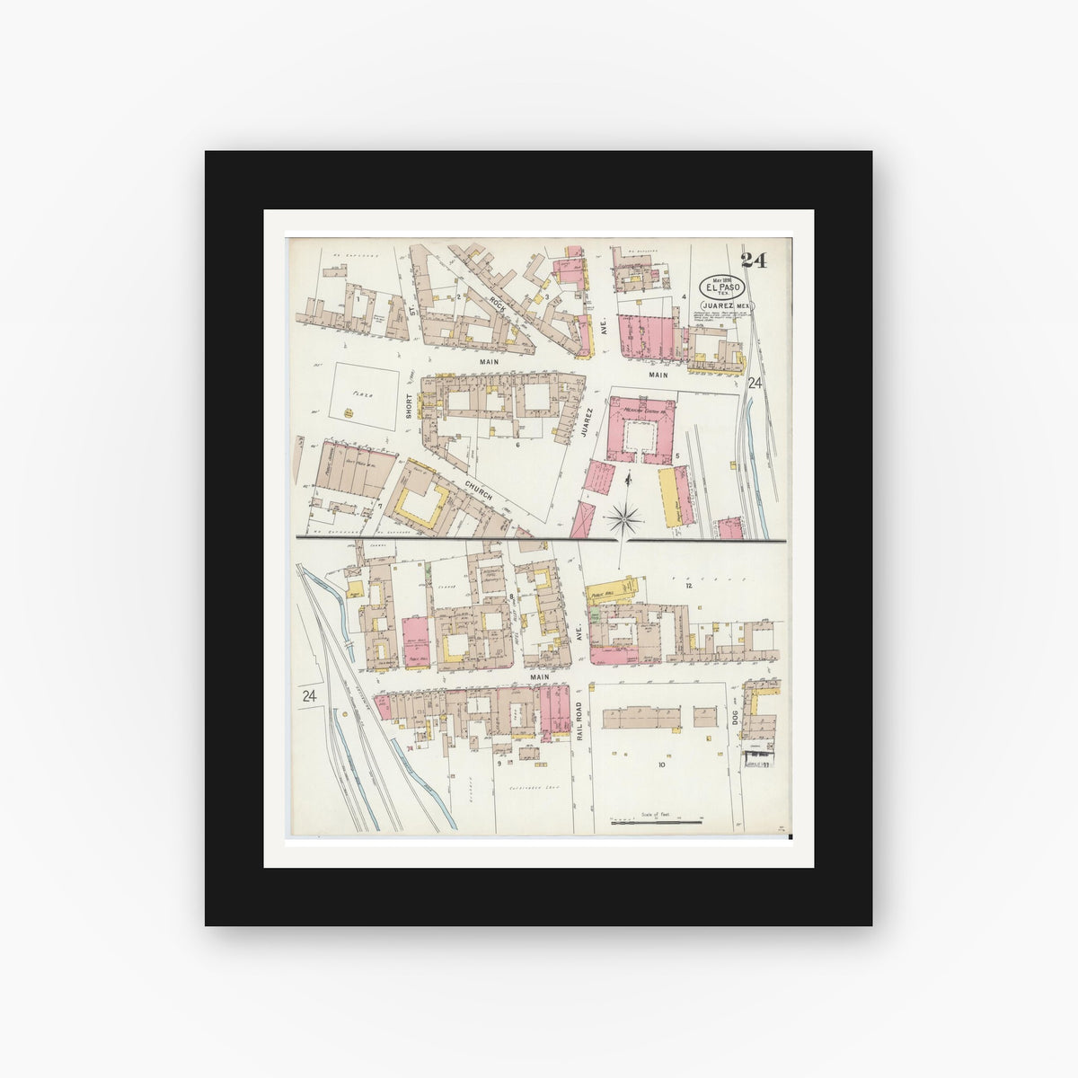 Old map wall art mockup — black gallery frame with white mat — Sanborn Fire Insurance Map from El Paso, El Paso County, Texas (1898), Sheet #0024