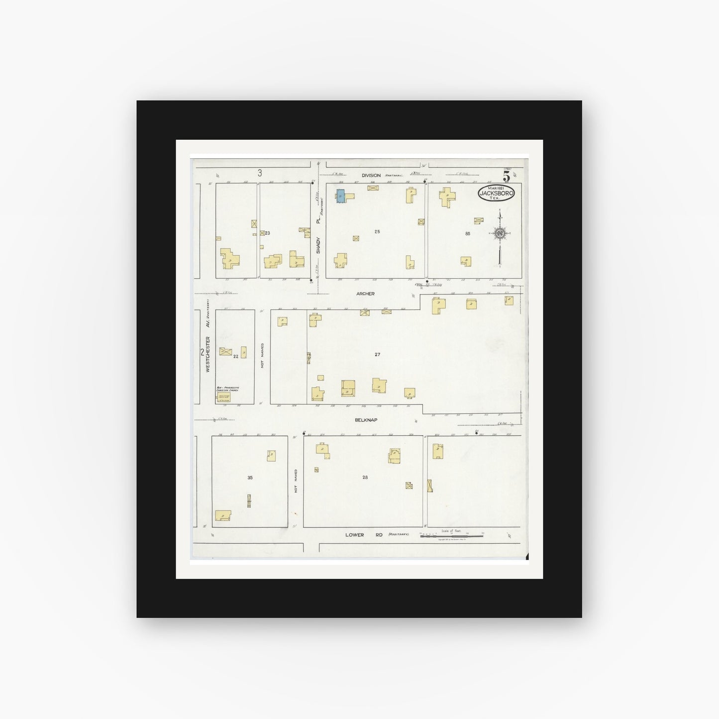 Old map wall art mockup — black gallery frame with white mat — Sanborn Fire Insurance Map from Jacksboro, Jack County, Texas (1921), Sheet #0005