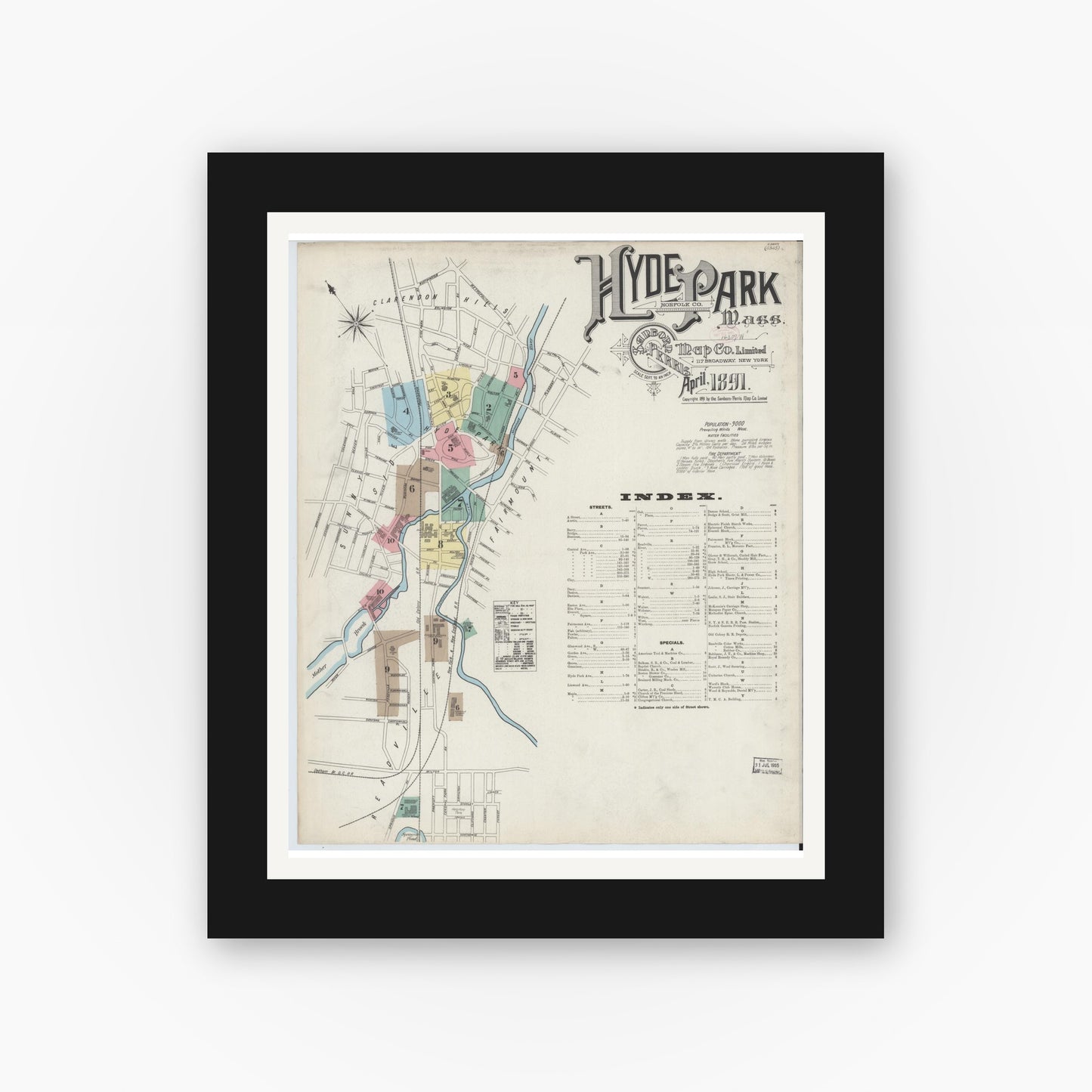 Old map wall art mockup — black gallery frame with white mat — Sanborn Fire Insurance Map from Hyde Park, Norfolk County, Massachusetts (1891) - Complete Map Set