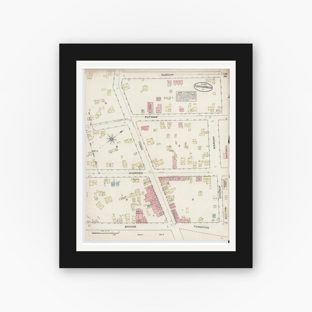 Old map wall art mockup — black gallery frame with white mat — Sanborn Fire Insurance Map from Tunkhannock, Wyoming County, Pennsylvania (1884), Sheet #0002