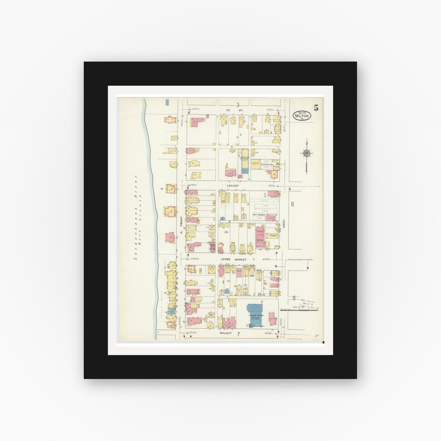 Old map wall art mockup — black gallery frame with white mat — Sanborn Fire Insurance Map from Milton, Northumberland County, Pennsylvania (1913), Sheet #0005