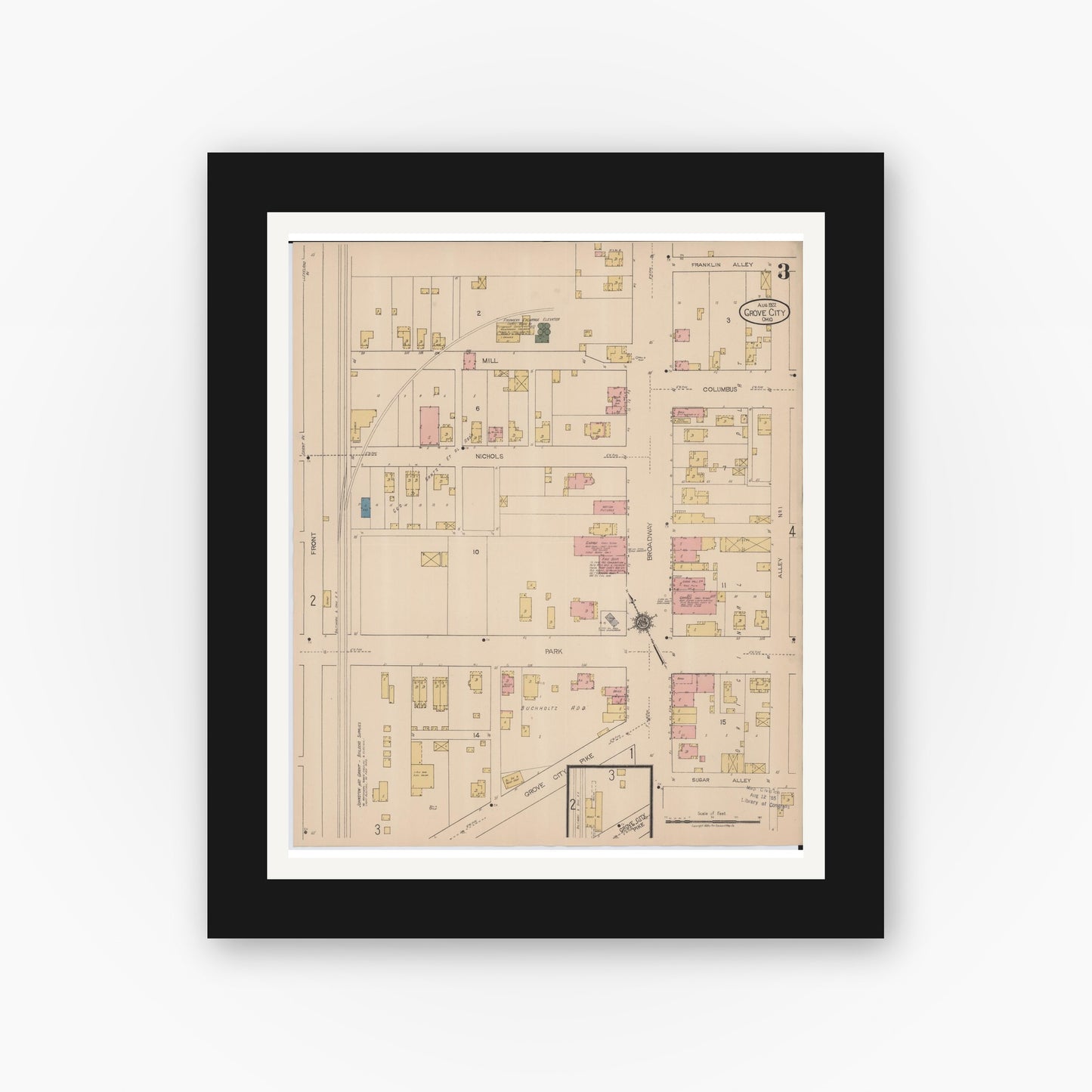 Old map wall art mockup — black gallery frame with white mat — Sanborn Fire Insurance Map from Grove City, Franklin County, Ohio (1922), Sheet #0003