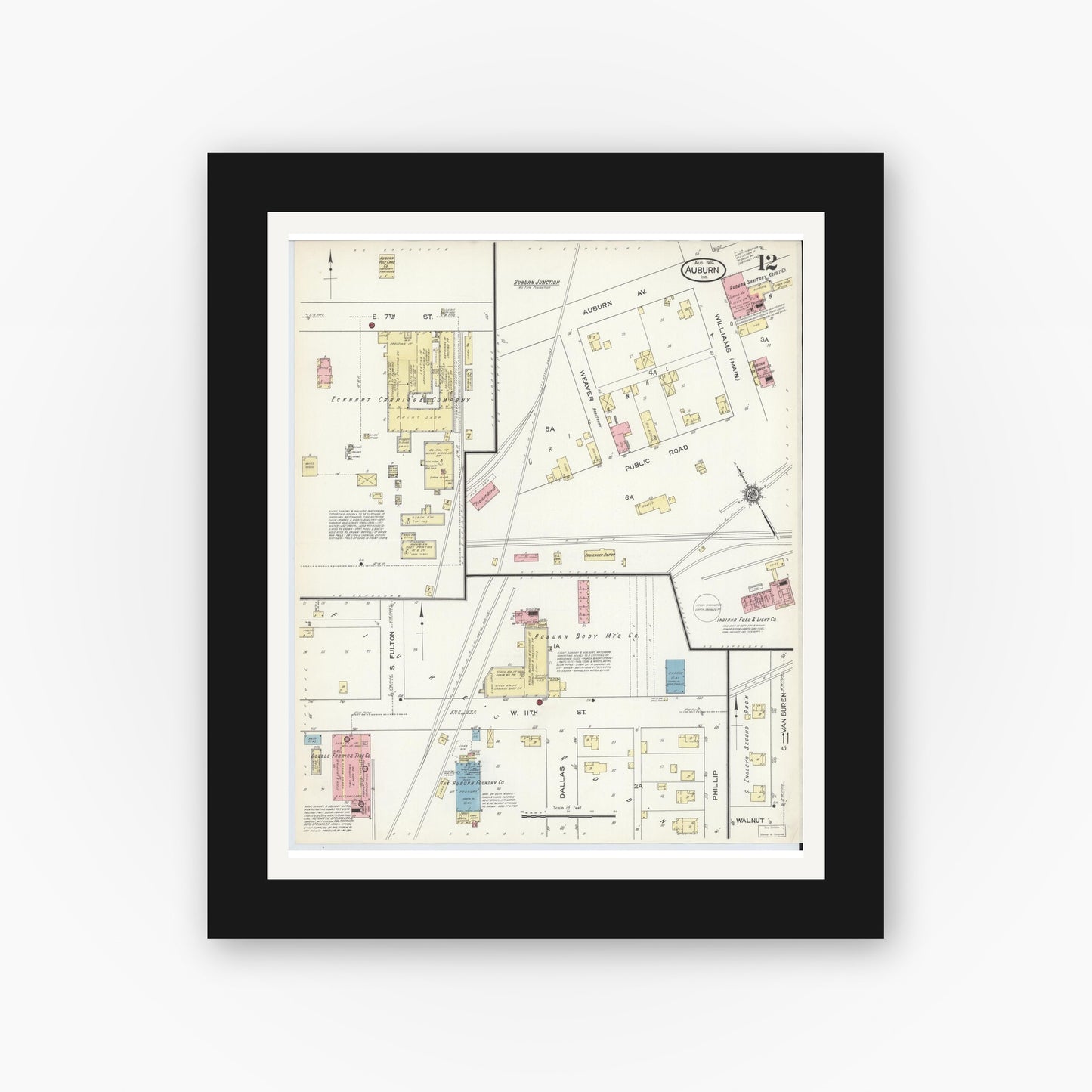 Old map wall art mockup — black gallery frame with white mat — Sanborn Fire Insurance Map from Auburn, De Kalb County, Indiana (1914), Sheet #0012