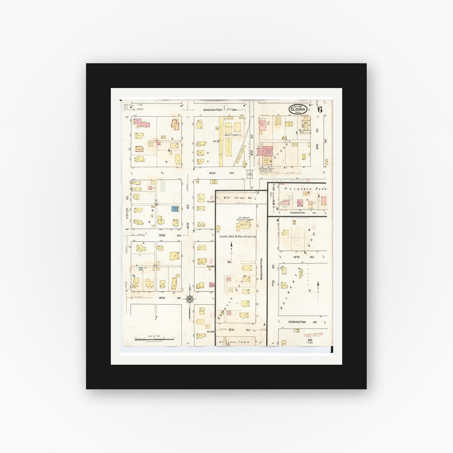 Old map wall art mockup β black gallery frame with white mat β Sanborn Fire Insurance Map from Eldora, Hardin County, Iowa (1940), Sheet #0006