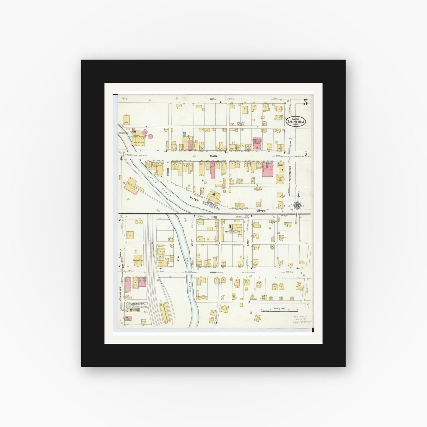 Old map wall art mockup — black gallery frame with white mat — Sanborn Fire Insurance Map from Salineville, Columbiana County, Ohio (1911), Sheet #0005