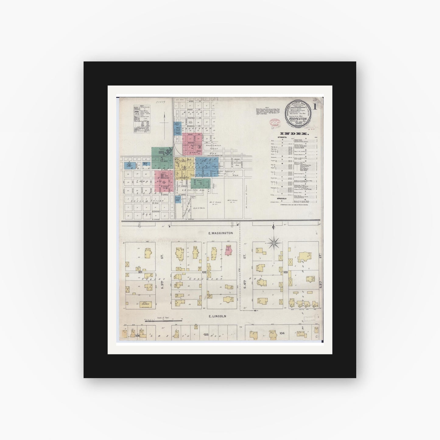 Old map wall art mockup — black gallery frame with white mat — Sanborn Fire Insurance Map from Hoopeston, Vermilion County, Illinois (1895), Sheet #0001