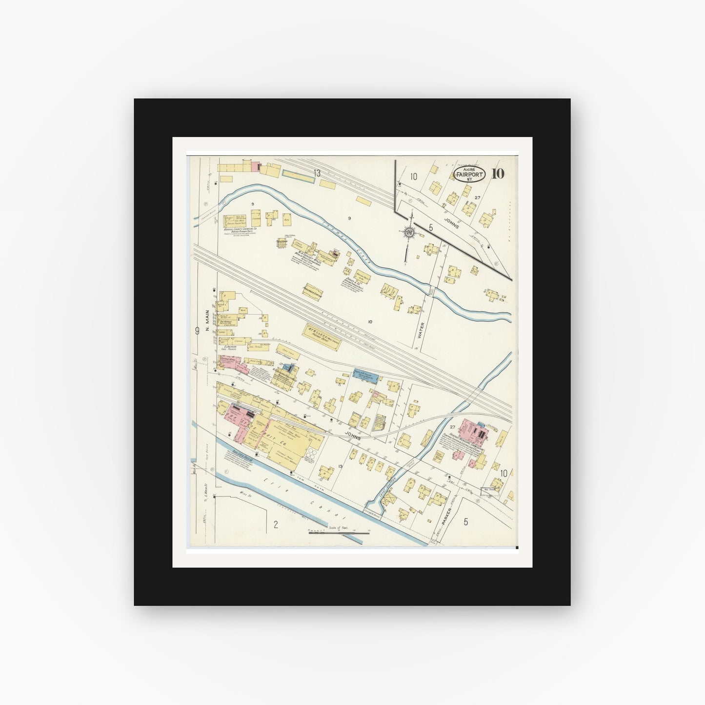 Old map wall art mockup — black gallery frame with white mat — Sanborn Fire Insurance Map from Fairport, Monroe County, New York (1915), Sheet #0010