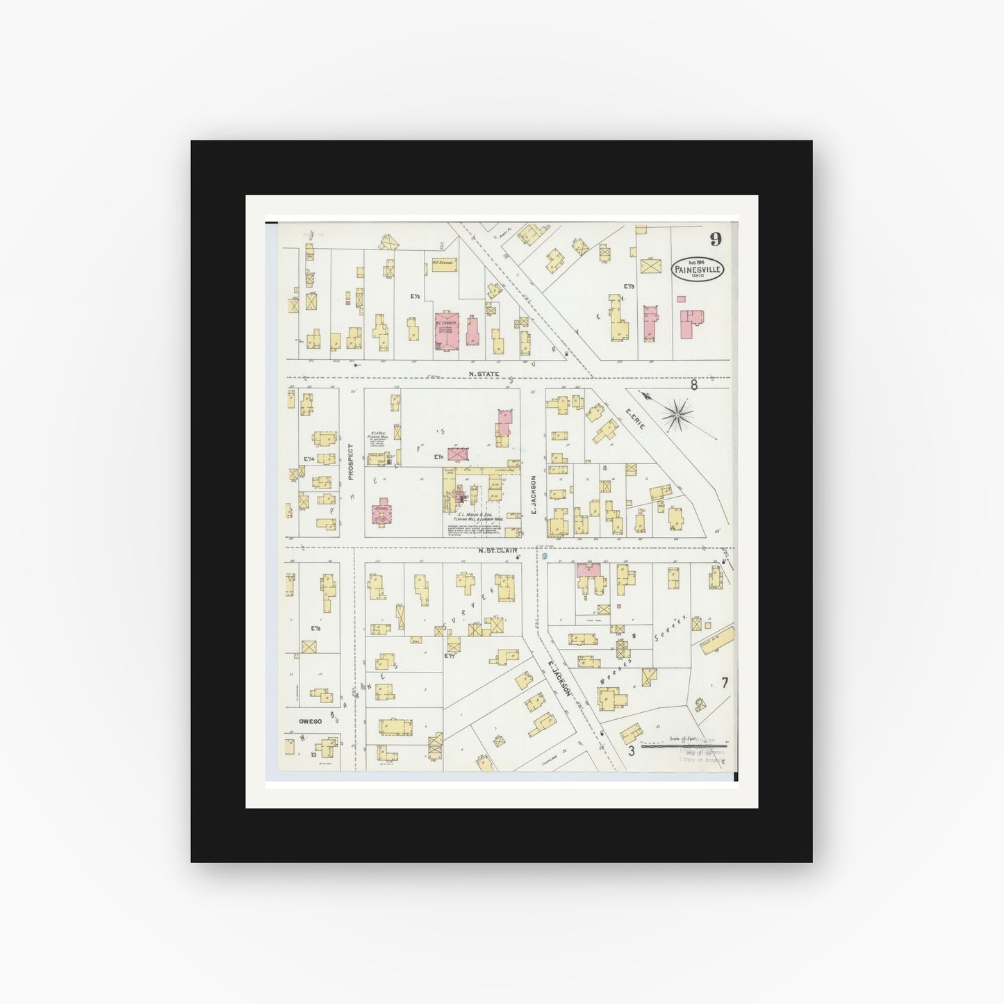 Old map wall art mockup — black gallery frame with white mat — Sanborn Fire Insurance Map from Painesville, Lake County, Ohio (1904), Sheet #0009