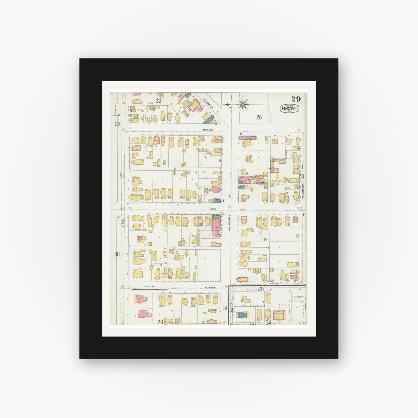 Old map wall art mockup — black gallery frame with white mat — Sanborn Fire Insurance Map from Madison, Dane County, Wisconsin (1902), Sheet #0029