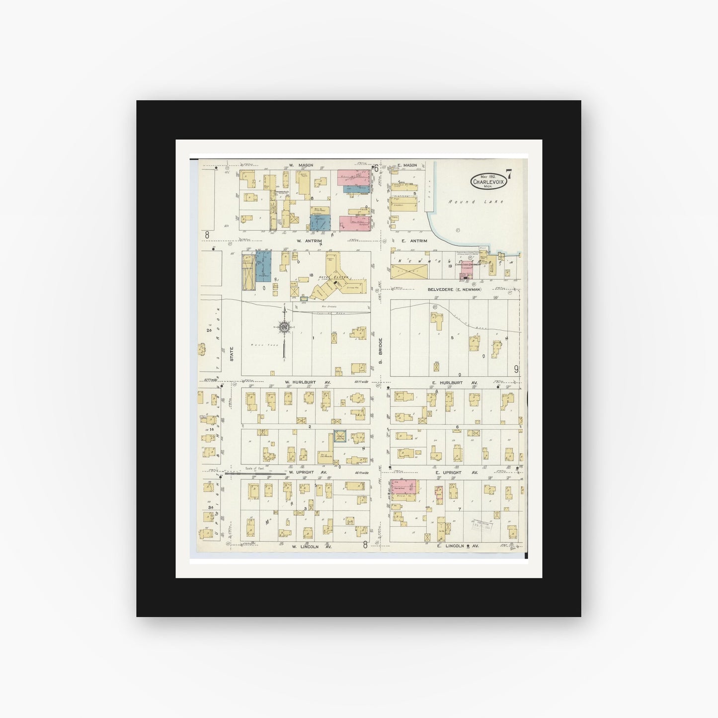 Old map wall art mockup — black gallery frame with white mat — Sanborn Fire Insurance Map from Charlevoix, Charlevoix County, Michigan (1912), Sheet #0007