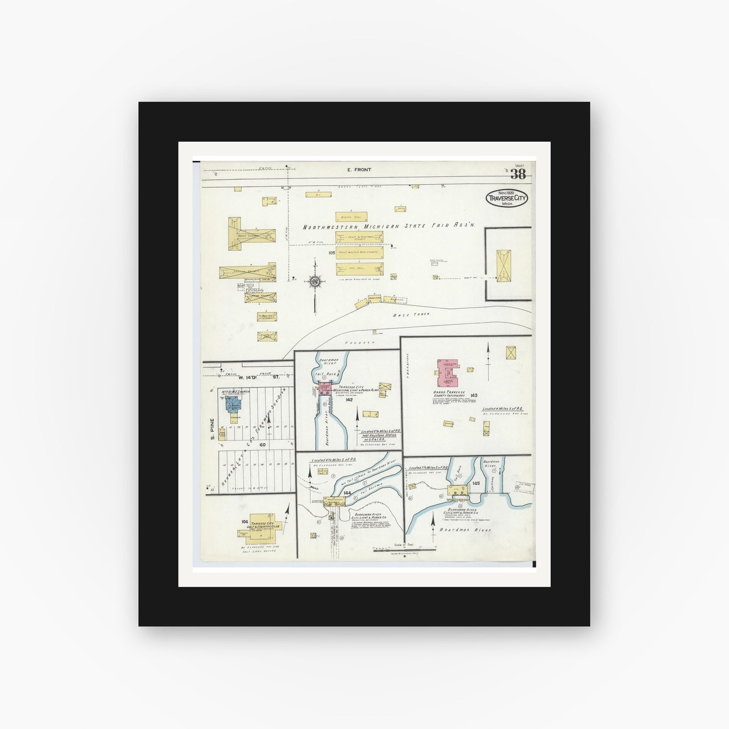 Old map wall art mockup — black gallery frame with white mat — Sanborn Fire Insurance Map from Traverse City, Grand Traverse County, Michigan (1920), Sheet #0038