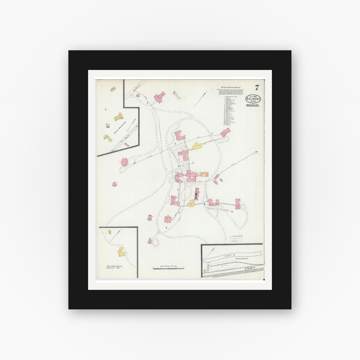 Old map wall art mockup — black gallery frame with white mat — Sanborn Fire Insurance Map from Belmont, Middlesex County, Massachusetts (1905), Sheet #0007