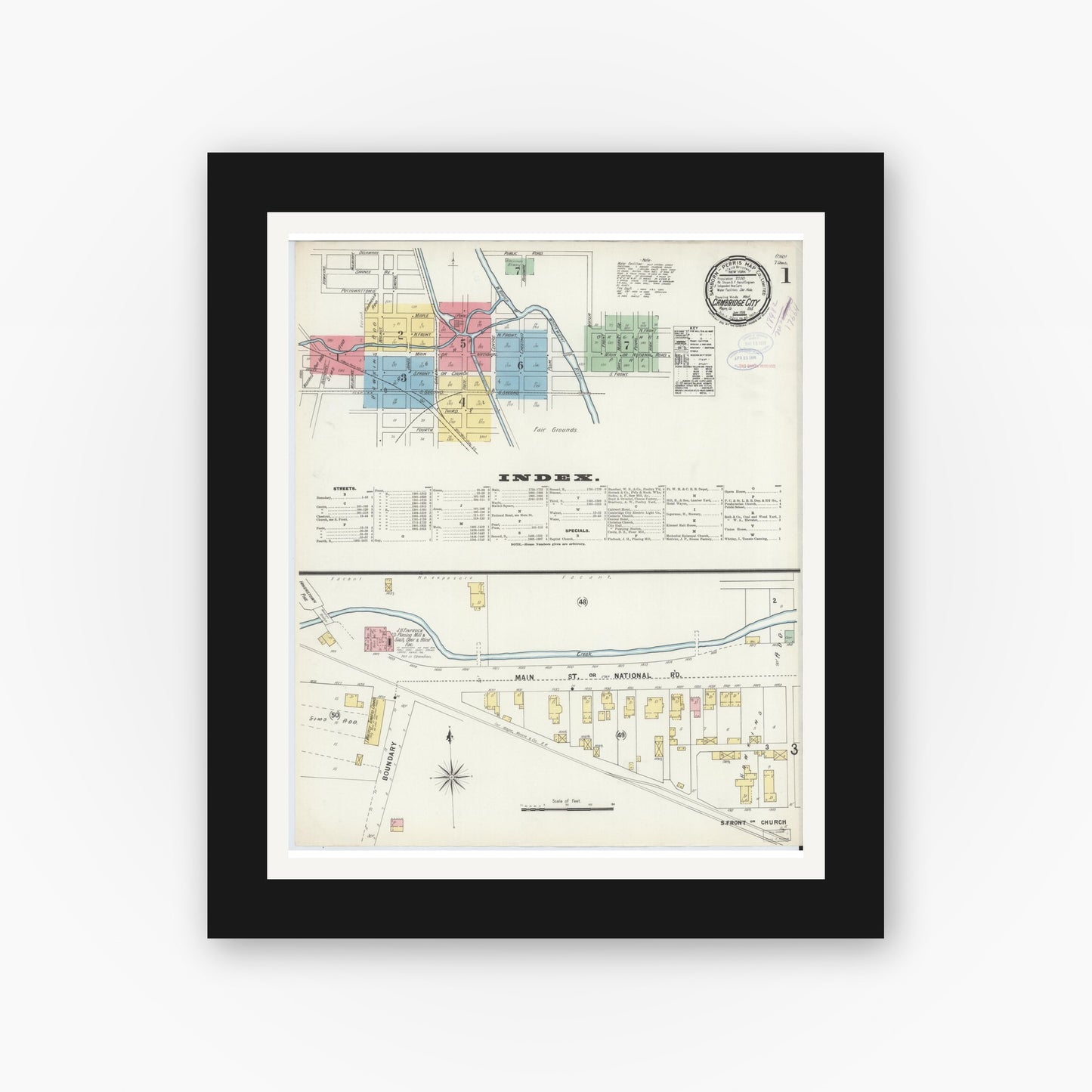 Old map wall art mockup — black gallery frame with white mat — Sanborn Fire Insurance Map from Cambridge City, Wayne County, Indiana (1898) - Complete Map Set