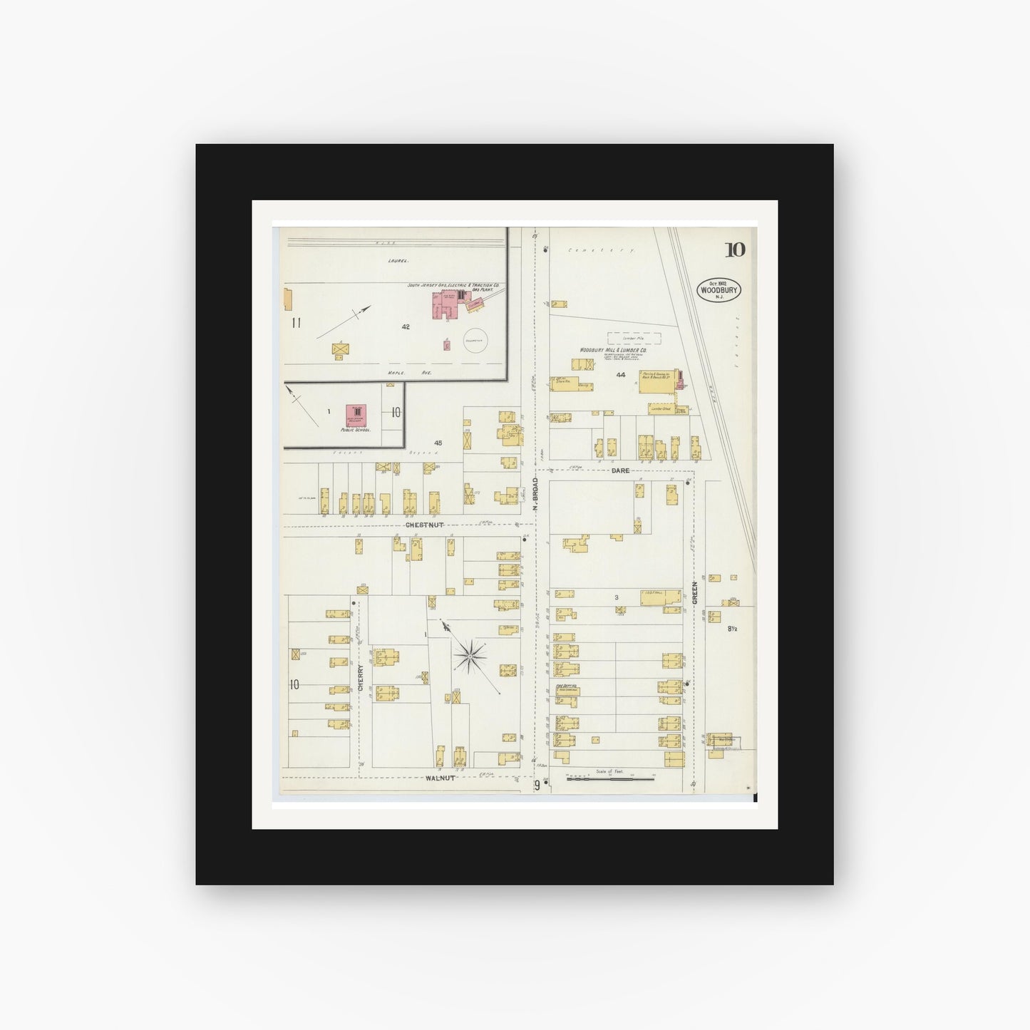 Old map wall art mockup — black gallery frame with white mat — Sanborn Fire Insurance Map from Woodbury, Gloucester County, New Jersey (1902), Sheet #0010