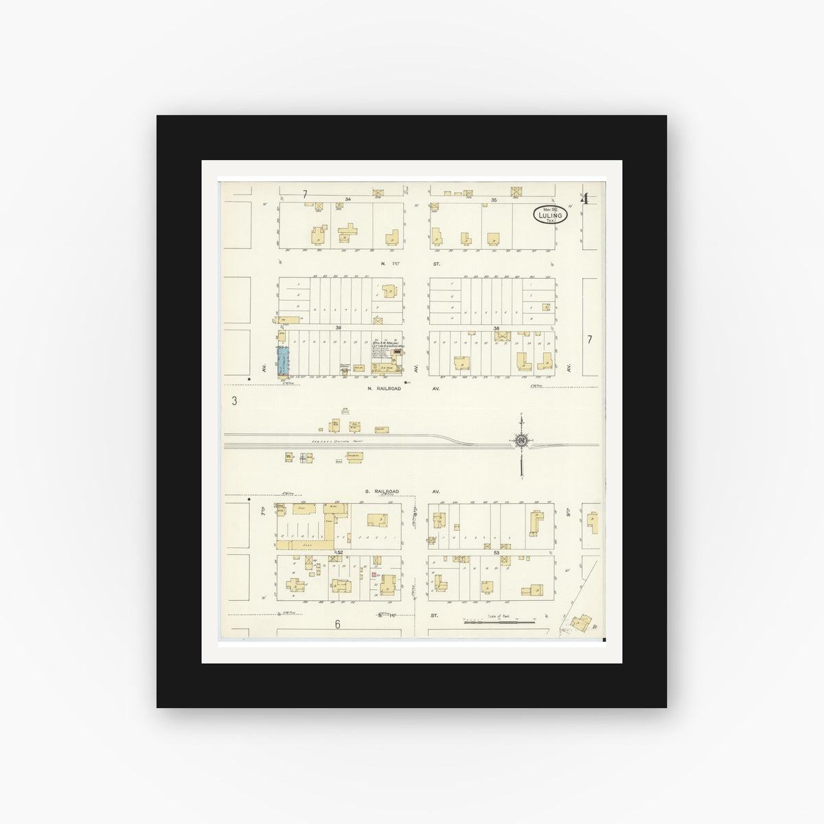 Old map wall art mockup — black gallery frame with white mat — Sanborn Fire Insurance Map from Luling, Caldwell County, Texas (1912), Sheet #0004