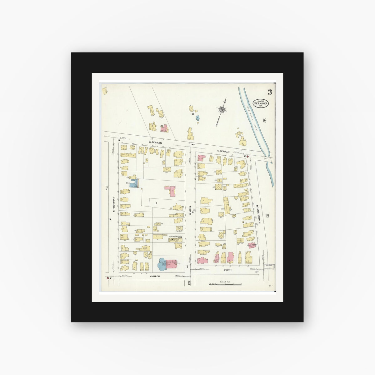 Old map wall art mockup — black gallery frame with white mat — Sanborn Fire Insurance Map from Herkimer, Herkimer County, New York (1911), Sheet #0003