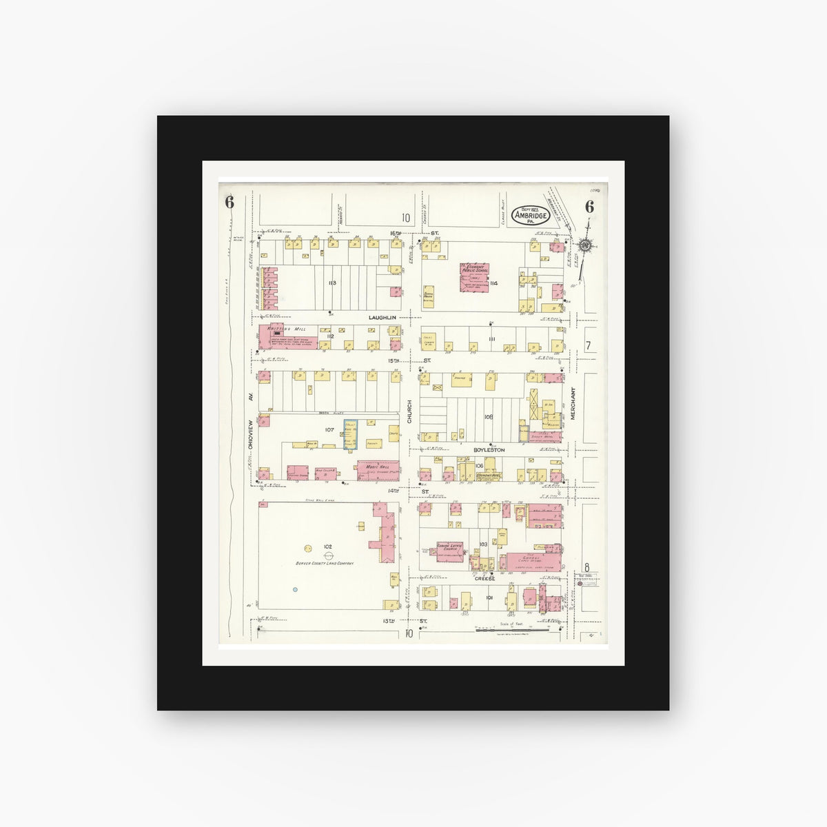 Old map wall art mockup — black gallery frame with white mat — Sanborn Fire Insurance Map from Ambridge, Beaver County, Pennsylvania (1923), Sheet #0006