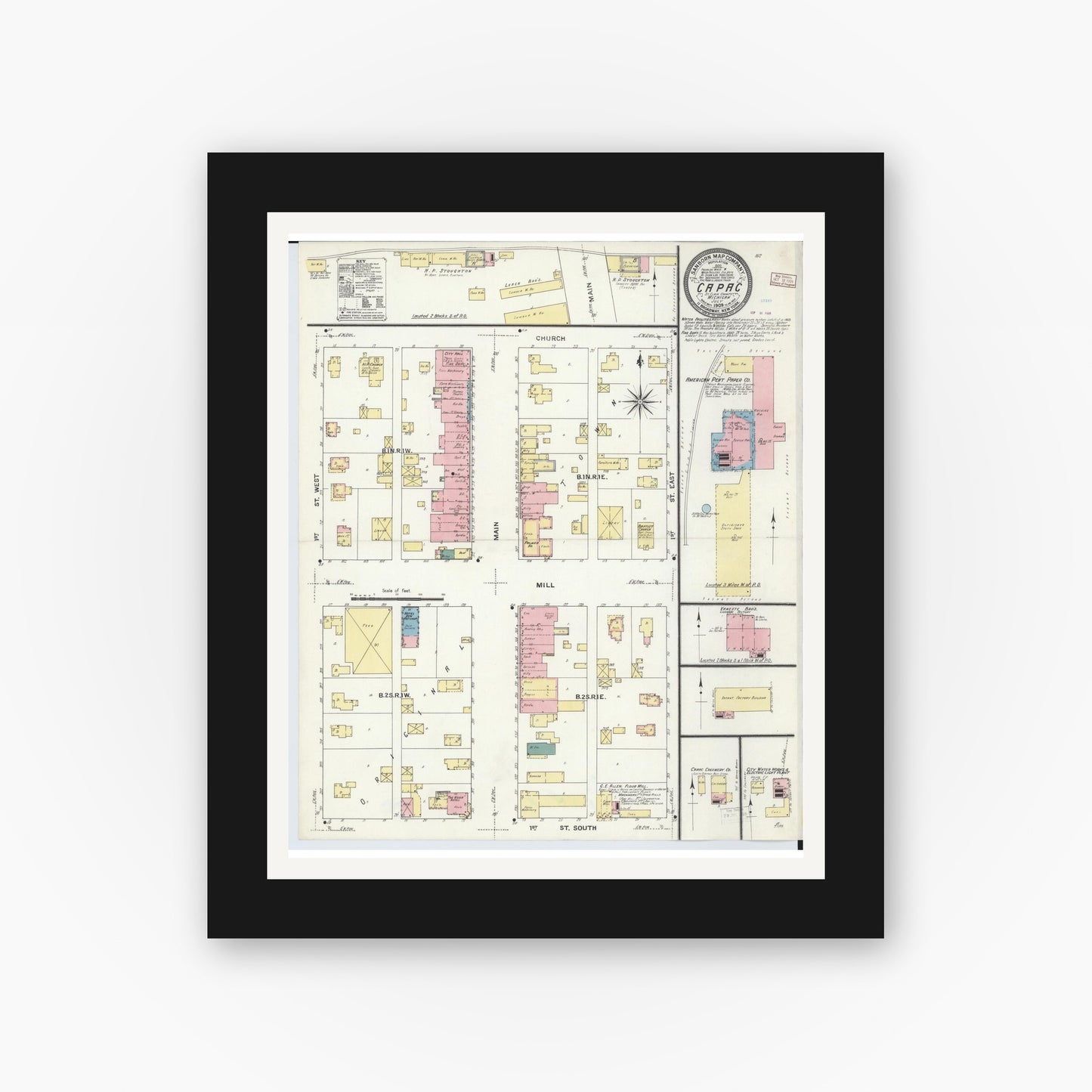 Old map wall art mockup — black gallery frame with white mat — Sanborn Fire Insurance Map from Capac, Saint Clair County, Michigan (1909), Sheet #0001