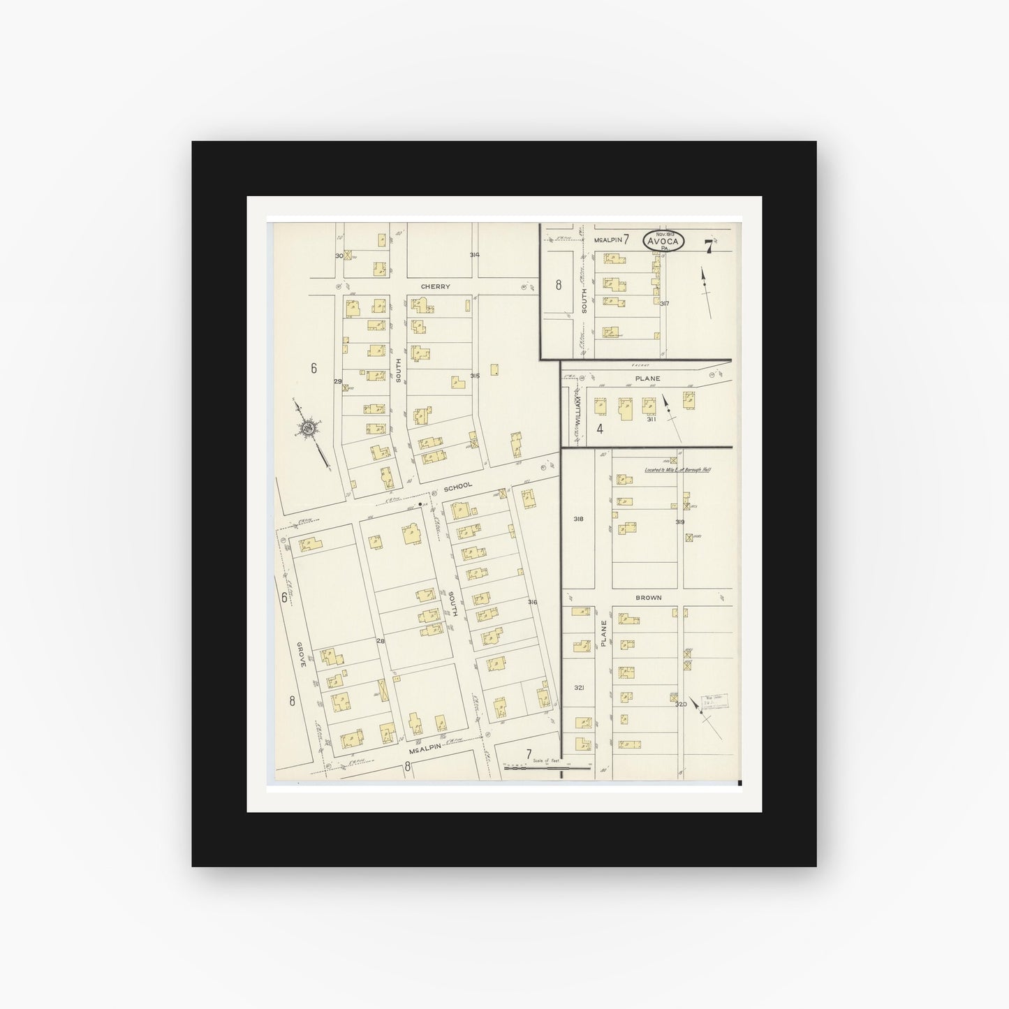 Old map wall art mockup — black gallery frame with white mat — Sanborn Fire Insurance Map from Avoca, Luzerne County, Pennsylvania (1913), Sheet #0007