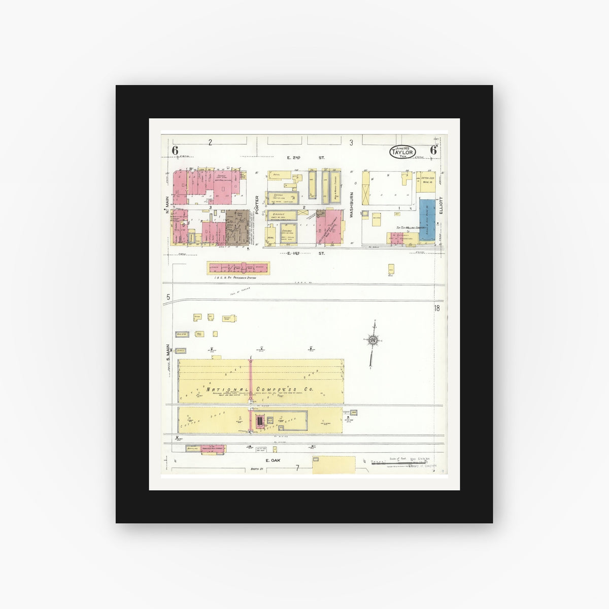 Old map wall art mockup — black gallery frame with white mat — Sanborn Fire Insurance Map from Taylor, Williamson County, Texas (1923), Sheet #0006