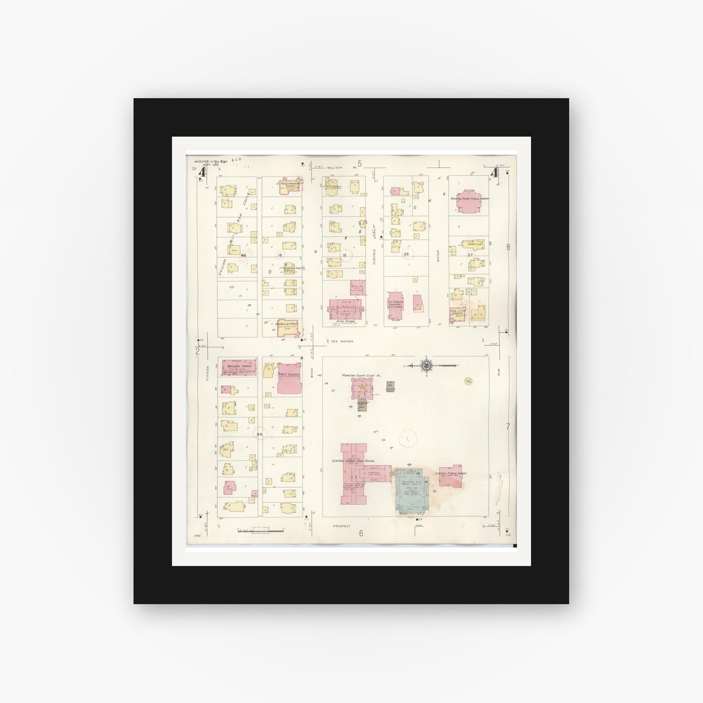 Old map wall art mockup — black gallery frame with white mat — Sanborn Fire Insurance Map from Webster City, Hamilton County, Iowa (1950), Sheet #0004