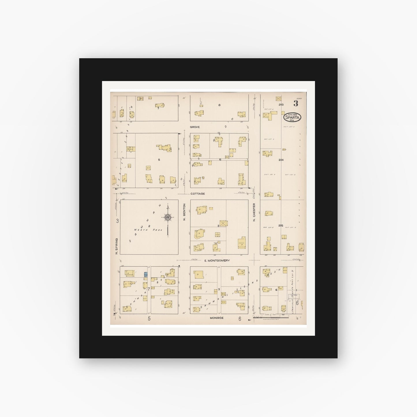 Old map wall art mockup — black gallery frame with white mat — Sanborn Fire Insurance Map from Sparta, Monroe County, Wisconsin (1922), Sheet #0003