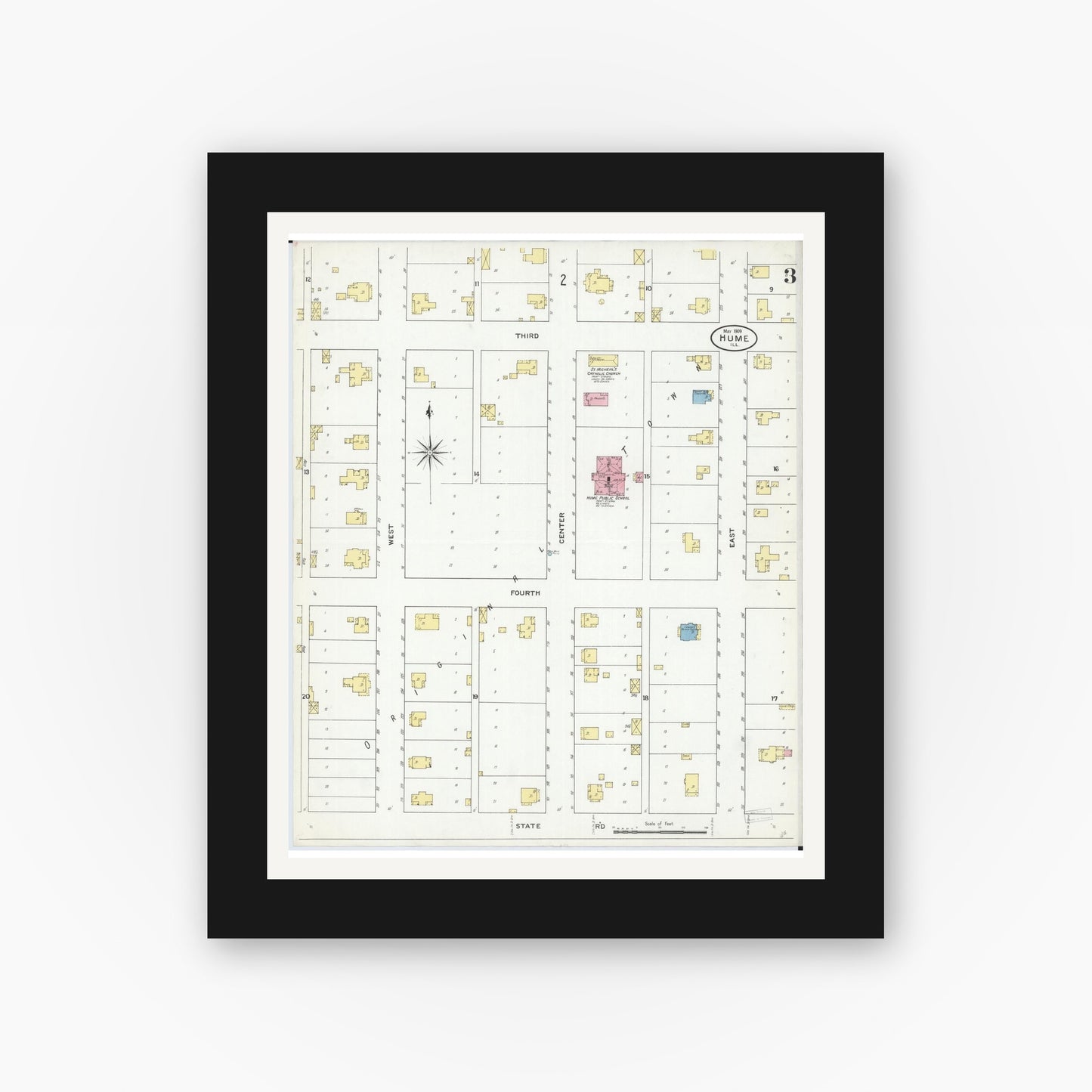Old map wall art mockup — black gallery frame with white mat — Sanborn Fire Insurance Map from Hume, Edgar County, Illinois (1909), Sheet #0003