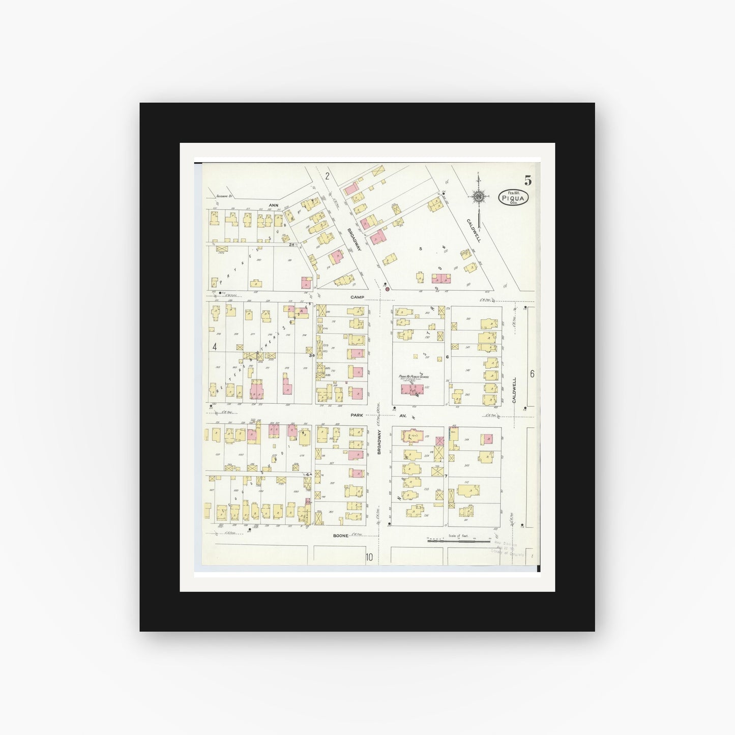 Old map wall art mockup — black gallery frame with white mat — Sanborn Fire Insurance Map from Piqua, Miami County, Ohio (1911), Sheet #0005