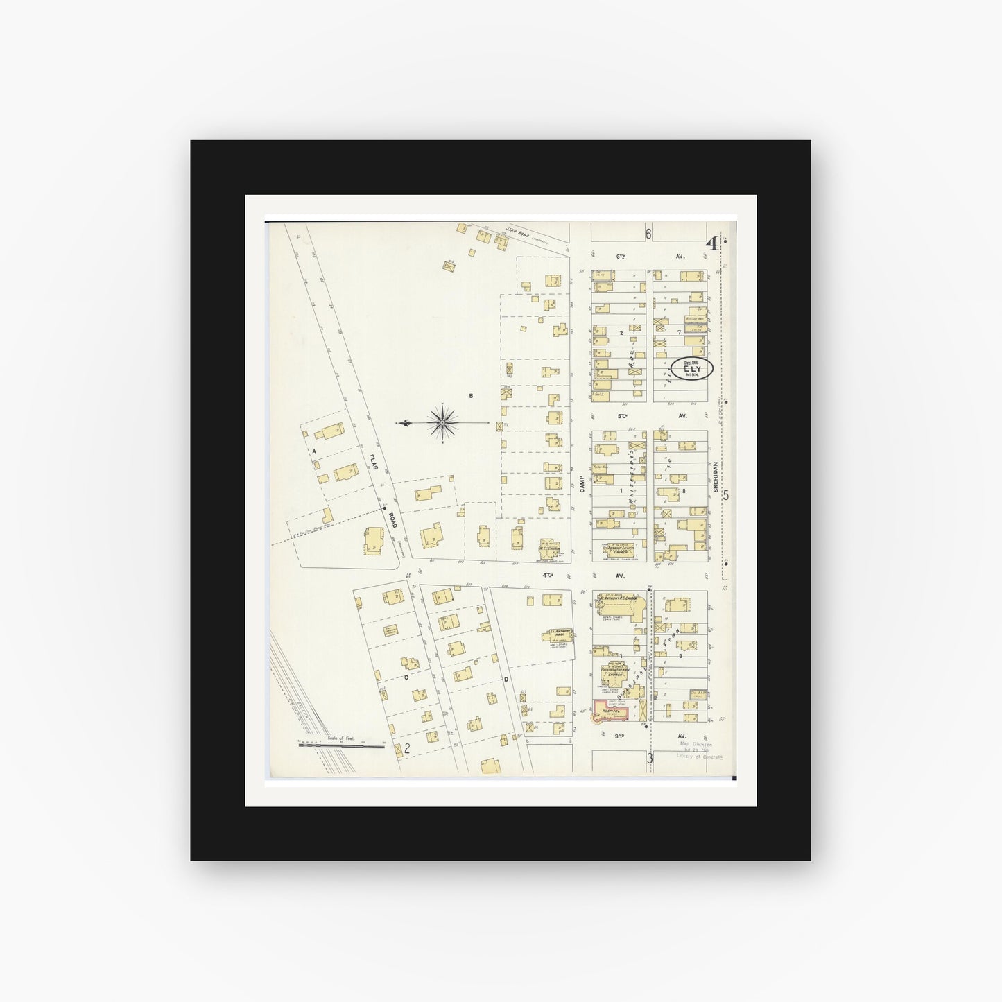 Old map wall art mockup — black gallery frame with white mat — Sanborn Fire Insurance Map from Ely, Saint Louis County, Minnesota (1906), Sheet #0004