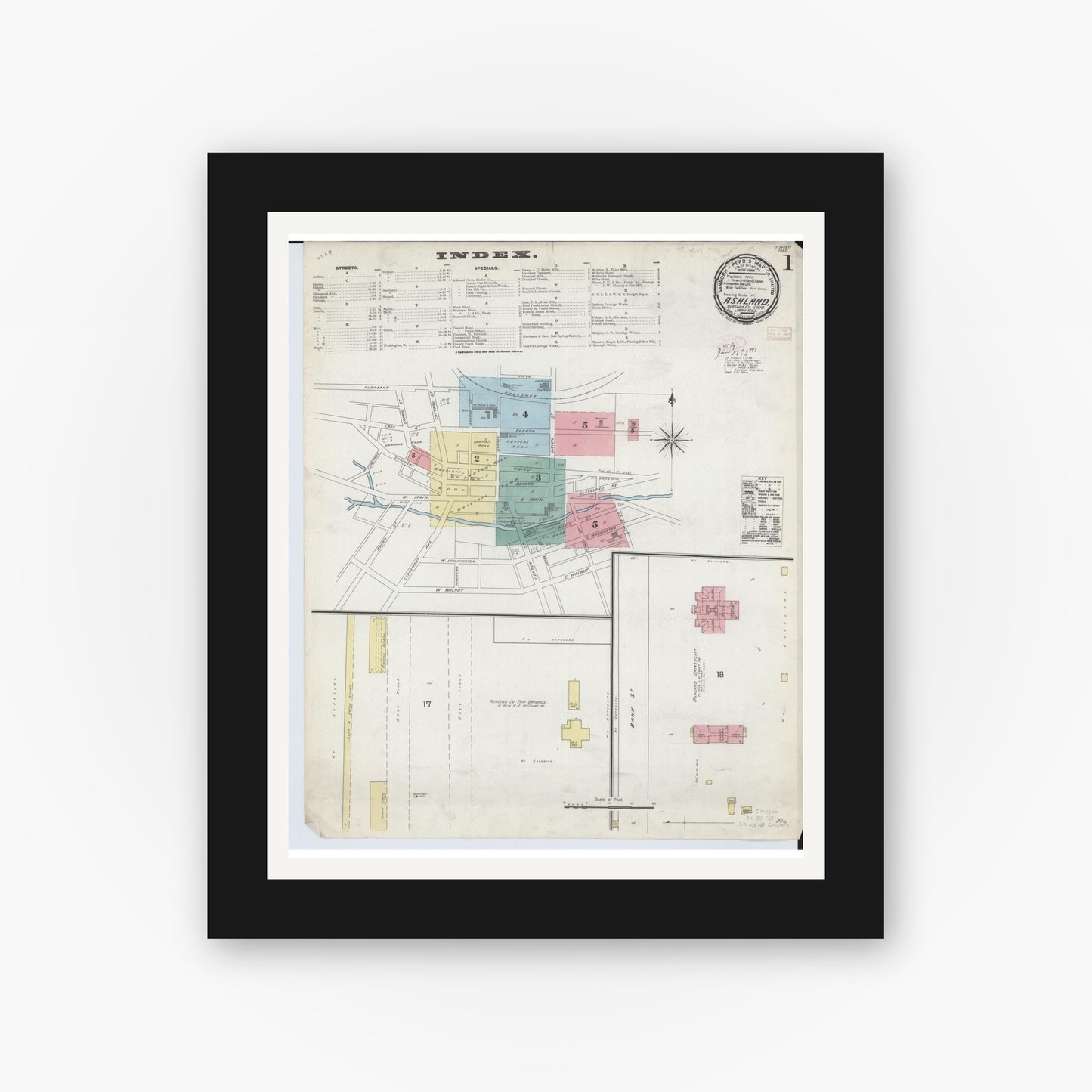 Old map wall art mockup — black gallery frame with white mat — Sanborn Fire Insurance Map from Ashland, Ashland County, Ohio (1893), Sheet #0001